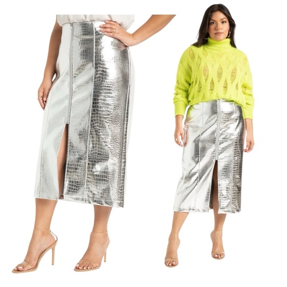 NEW Eloquii Metallic Silver Faux Leather Zip Front Skirt Size 22 - Picture 1 of 7